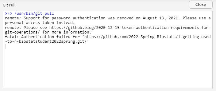 Image of common git error. Pop-up is labelled Git Pull.  States "remote: Support for password authentication was removed on August 13, 2021. Please use a personal access token instead." Following lines offer instructions that are detailed below.